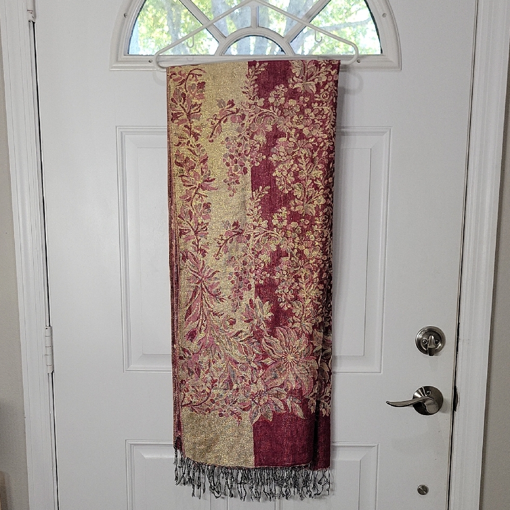Elegant Red and Gold Floral Pashmina and Silk Scarf
